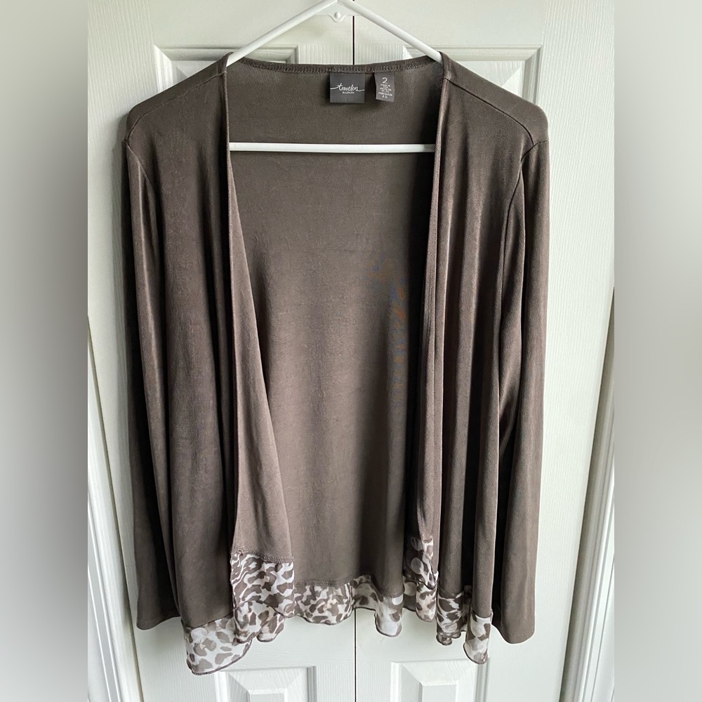 Travelers by Chico's Size 2 (L/12) Brown Cardigan with Animal Print Ruffle